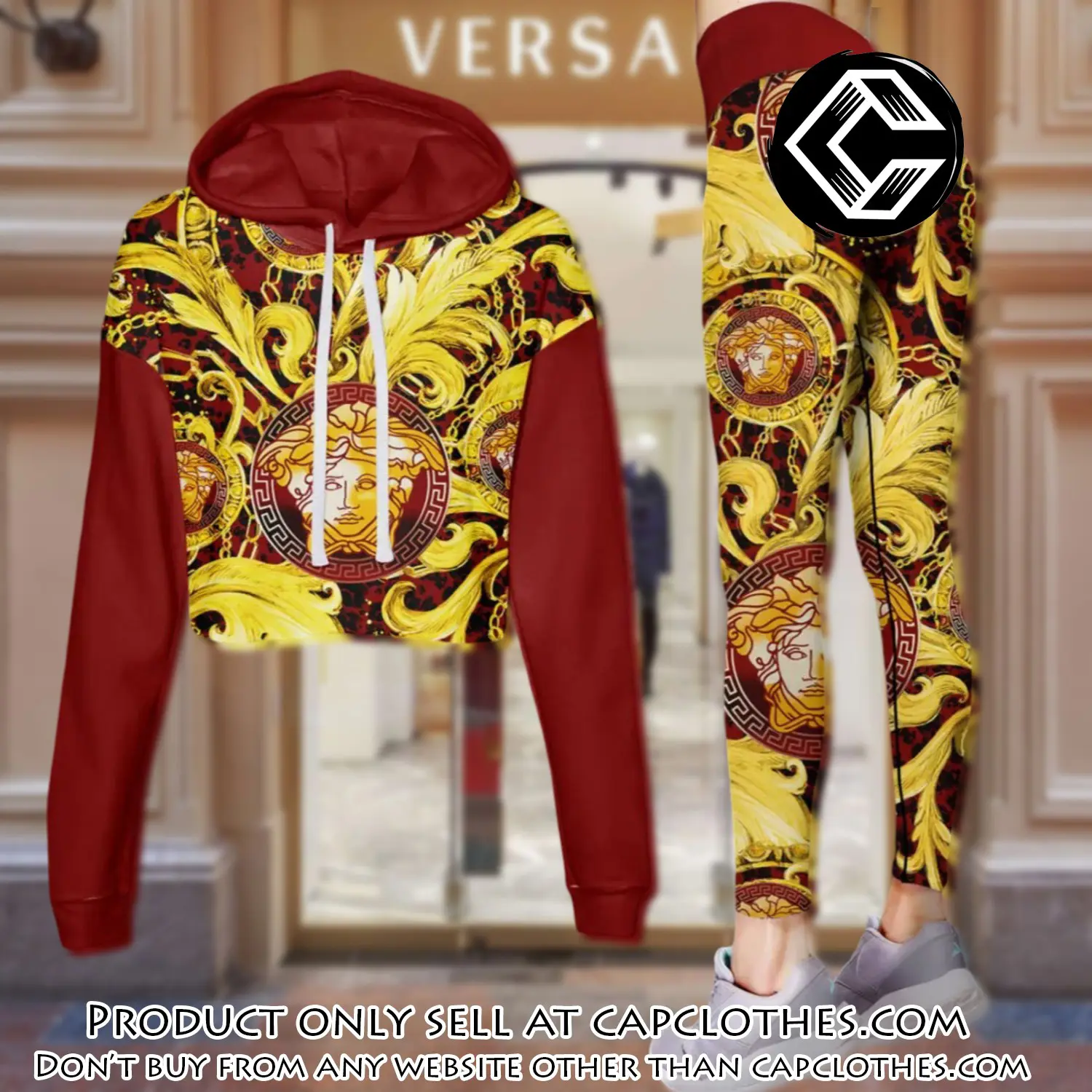 Versace golden medusa red luxury brand clothes leggings and crop top set for women cc5218599